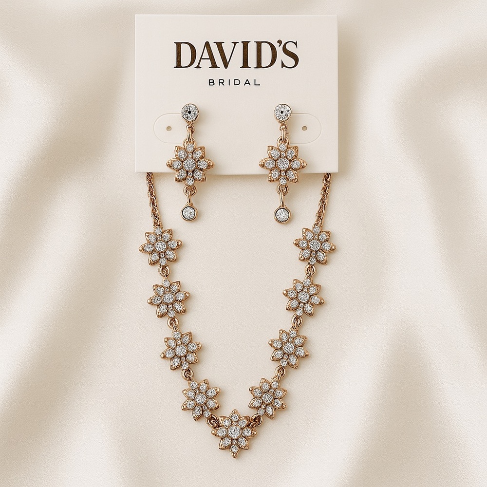 David’s Bridal Rose Gold Floral Jewelry Set – Necklace & Earrings | Glam Sparkle